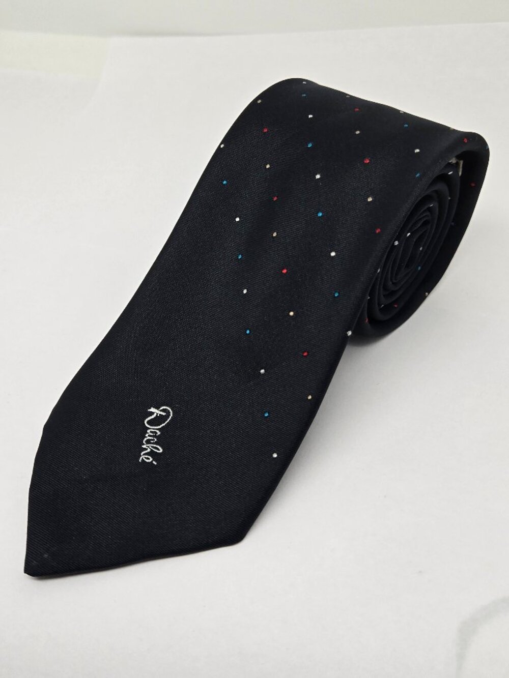Lilly Dache Polka Dot Polyester Blend Mens Tie, Black, 1970s